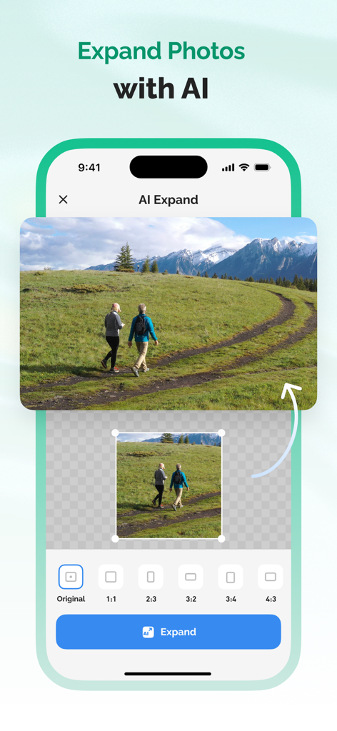 App interface showing AI technology expanding a small photo into a wider landscape view with mountains