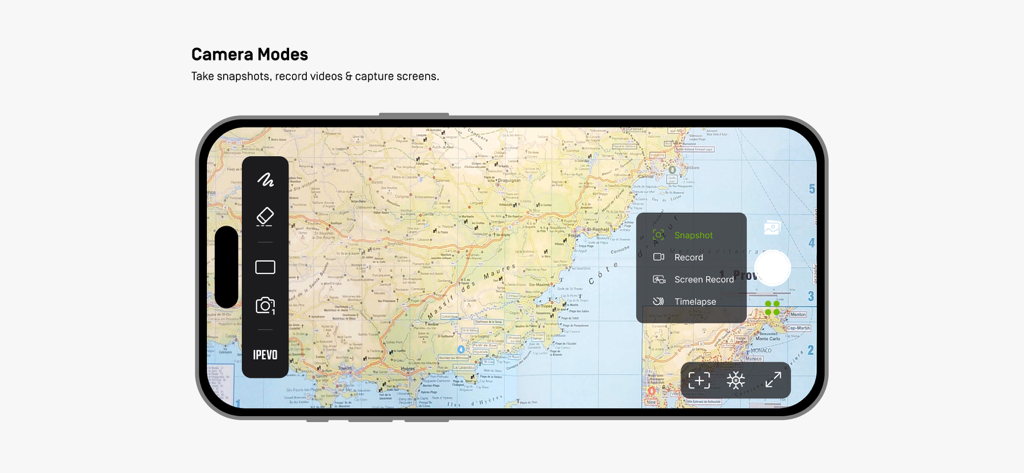 IPEVO Visualizer app interface displaying snapshot and video recording options over a map