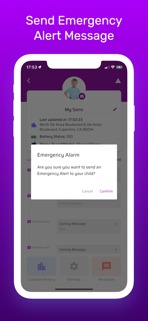 Oberfläche der Find Family App, die eine Bestätigung des Notfallalarms für die Sicherheit eines Kindes anzeigt.