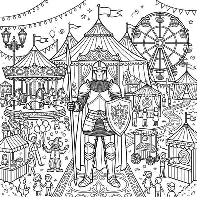 Journey back in time to a vibrant carnival where a brave feudal knight stands guard amidst the festive chaos. This intricate coloring page invites you to bring a world of medieval charm and joyous celebration to life.