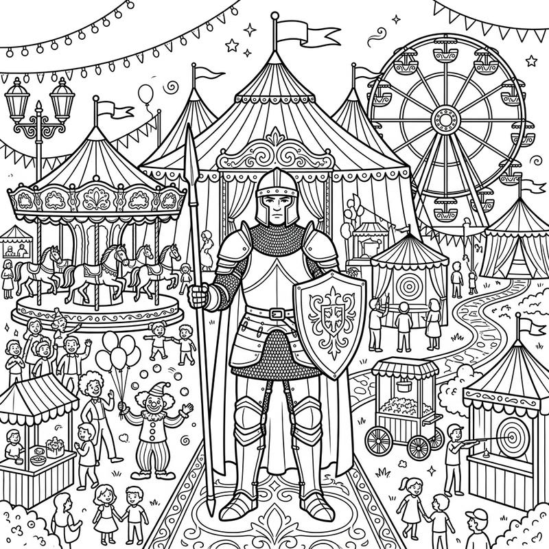 Journey back in time to a vibrant carnival where a brave feudal knight stands guard amidst the festive chaos. This intricate coloring page invites you to bring a world of medieval charm and joyous celebration to life.