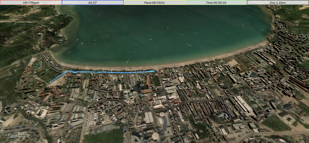 3D playback of a running activity along a coastline with real-time heart rate and pace metrics