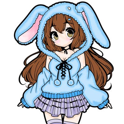 pretty anime girl wearing a fluffy hoodie with bunny ears on the hood and a skirt