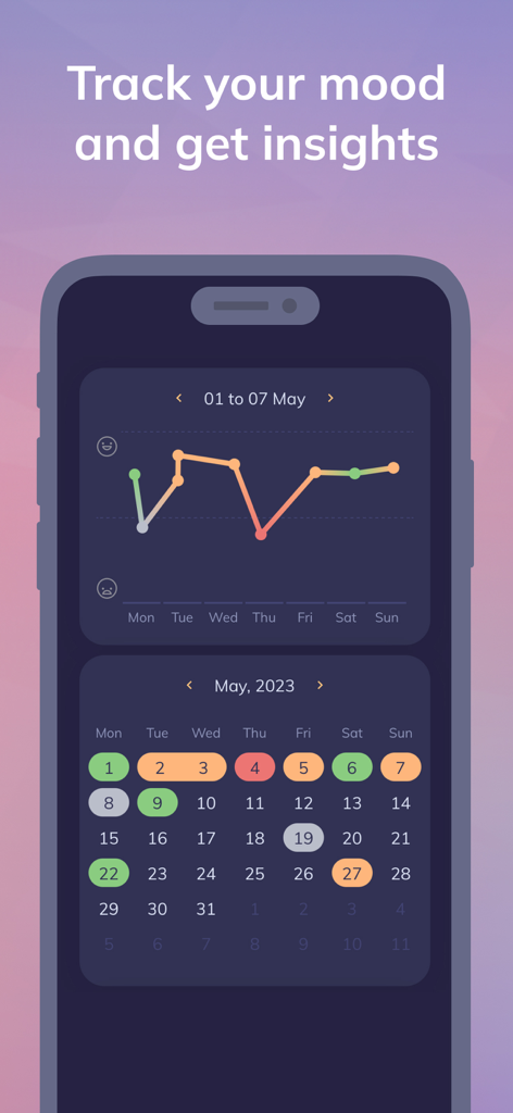 Youper: AI Mental Health - Interfaz de la aplicación Youper que muestra un gráfico de líneas de seguimiento del estado de ánimo semanal y un calendario mensual codificado por colores