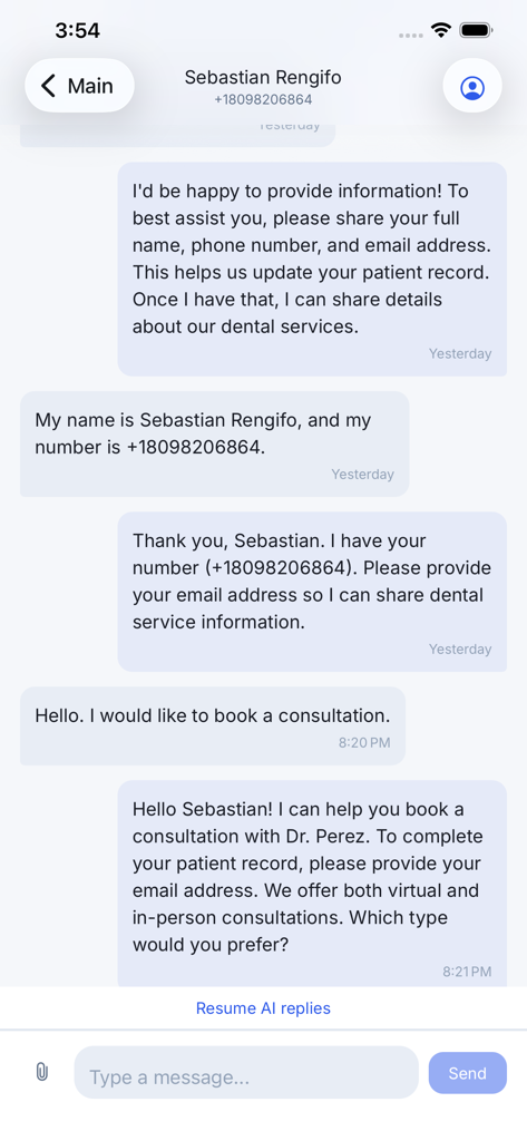 heva Provider - Mobile chat interface of heva Provider app showing a conversation with a patient to book a consultation.