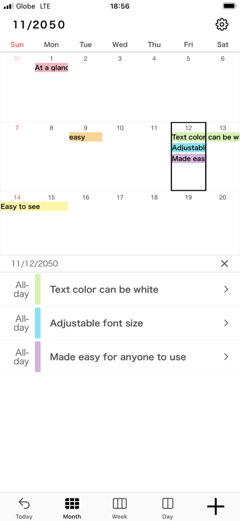 N Calendar app monthly view with color coded events and adjustable font settings