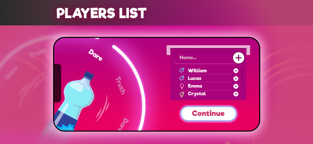 Spin the Bottle! play ’n kiss - Adding player names with gender icons in the Spin the Bottle app setup screen
