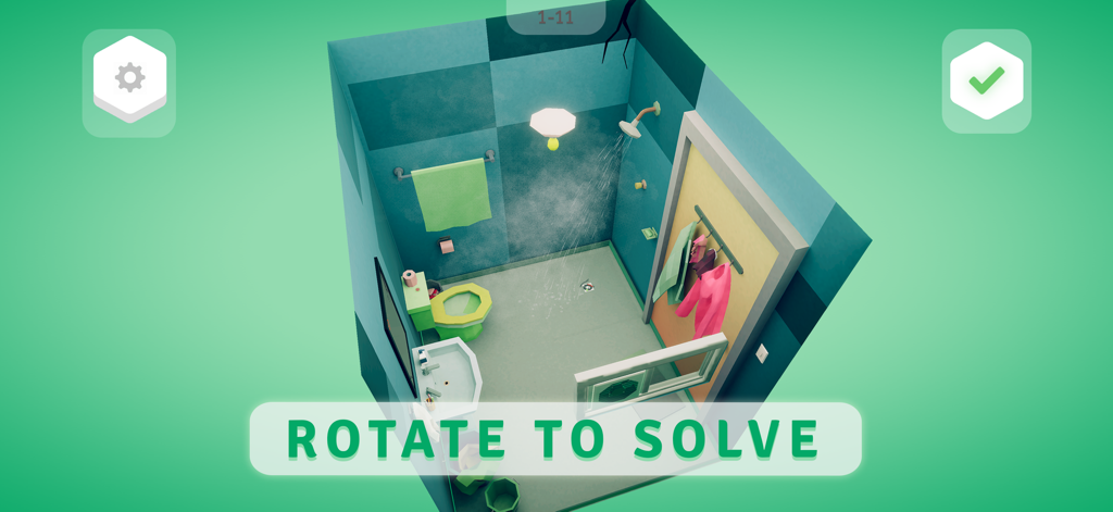 Possessions: Puzzle Vistas - 回転して解くテキストが表示された、視覚パズルのミニマリスト3Dバスルームのシーン