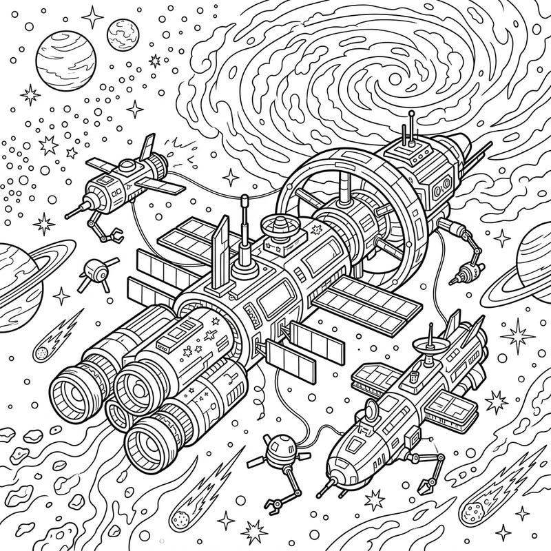 Blast off into a world of discovery with this intricate coloring page featuring advanced scientific research ships exploring deep space. Perfect for enthusiasts of sci-fi and cosmic adventures, it offers a thrilling journey for your colors.