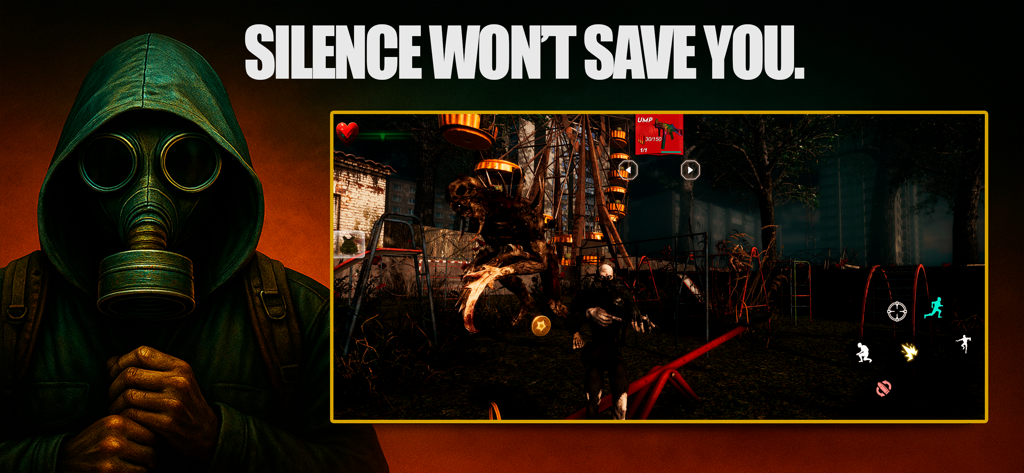 Chernobyl Legacy: Mutant Agent - 가스 마스크 캐릭터와 어두운 버려진 놀이터에서 돌연변이 생명체를 보여주는 게임 플레이 장면