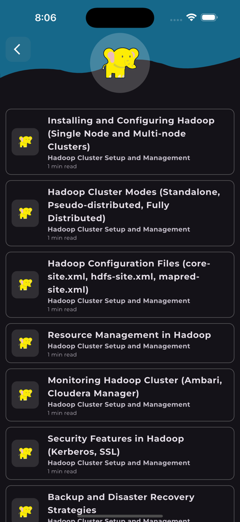 学習アプリのHadoopクラスターのセットアップと管理に関するコースモジュールのリスト