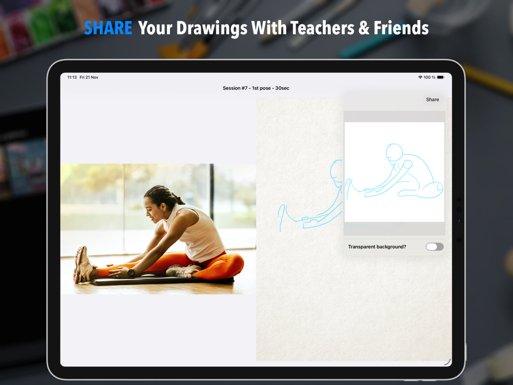 Interfaz para compartir en la aplicación Quick Poses mostrando una foto de referencia y un boceto gestual lado a lado