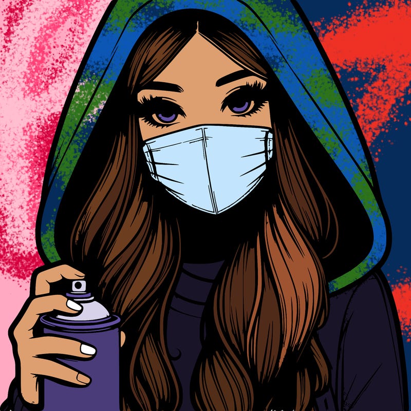 girl wearing a mask with long hair with her hood up spray-painting realistic