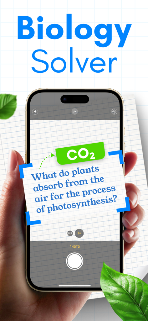 Biology Solver: Answer Helper - Smartphone scanning a biology question about photosynthesis using the Biology Solver app.