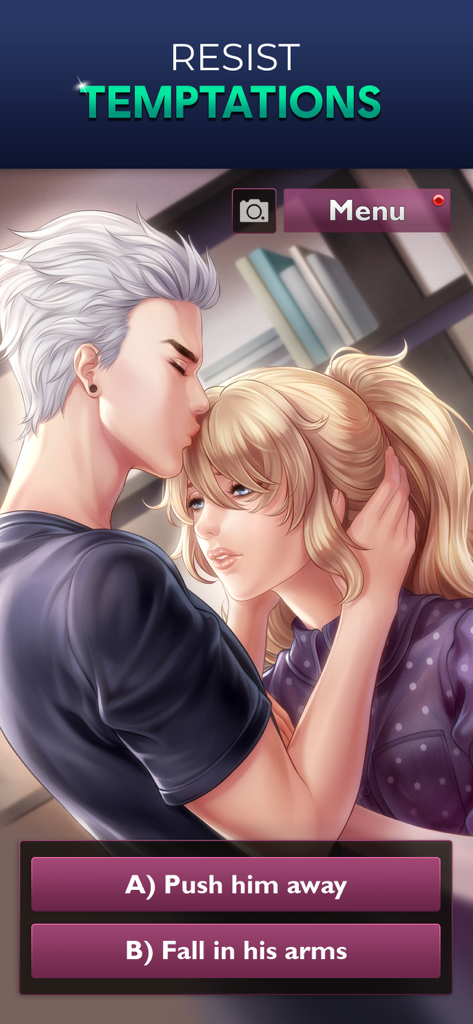 Is It Love? Peter - Vampire - A romantic scene in Is It Love Peter Vampire showing a man kissing a woman's forehead with interactive story choices.