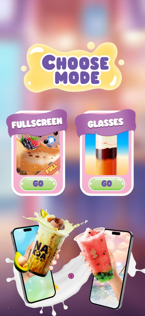 Drink & Make Boba Bubble Tea - Pantalla de menú para elegir entre los modos Pantalla Completa y Vasos en una aplicación virtual de creador de té de boba