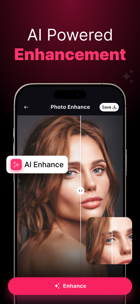 Extend Photo : AI Expand Photo - A before and after split screen comparison of a portrait enhanced using AI technology in the Extend Photo app