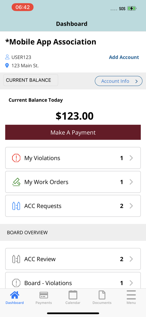 Visão do painel do aplicativo PARAGON FS exibindo saldo da conta e recursos de gerenciamento da associação de proprietários.