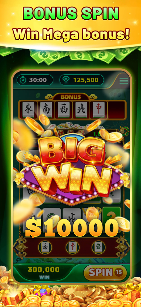 Money Slots - Win Real Cash - Gameplay of Money Slots featuring a ten thousand dollar big win and Mahjong tiles.