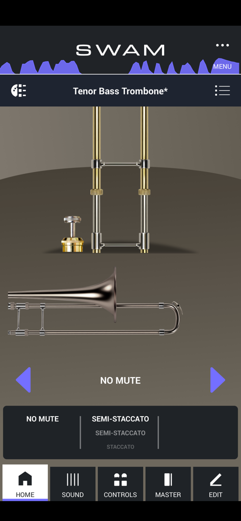 Pantalla de inicio de la aplicación SWAM Tenor Bass Trombone que muestra un modelo 3D del instrumento y controles de articulación