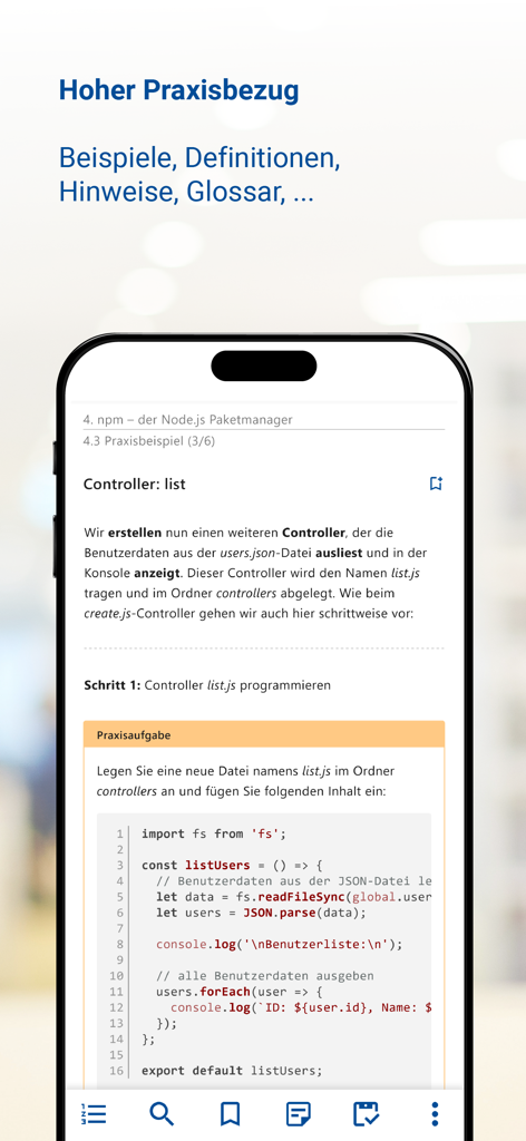 Node.js Kurs & Zertifikat - Ein mobiler Screenshot der Node.js Kurs-App, der eine praktische Programmieraufgabe mit einem JavaScript-Code-Snippet und erklärendem Text zeigt