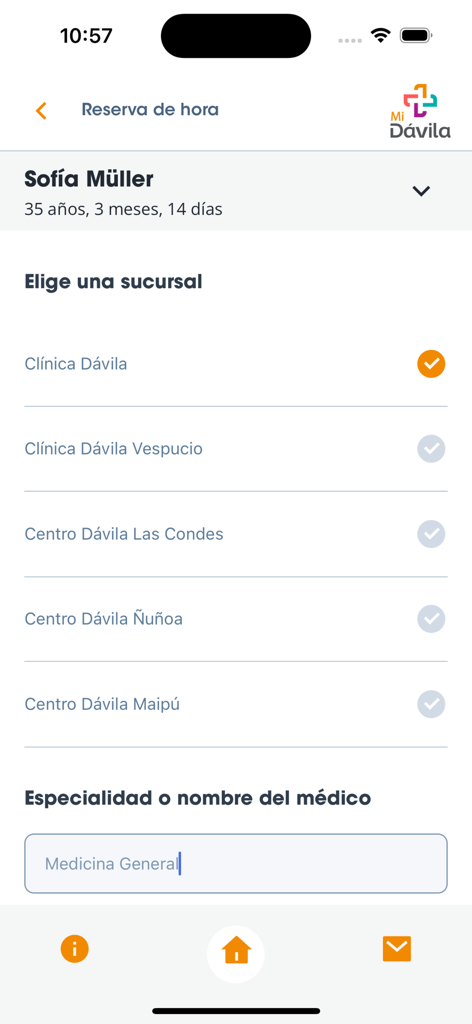Mi Dávila - Écran de l'application mobile Mi Davila pour prendre rendez-vous médicaux et sélectionner les sites de clinique