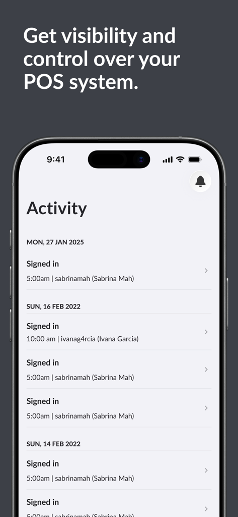 Lightspeed Reporter (X) - Pantalla del registro de actividad de Lightspeed Reporter que muestra el historial de inicio de sesión de los empleados para la visibilidad del TPV
