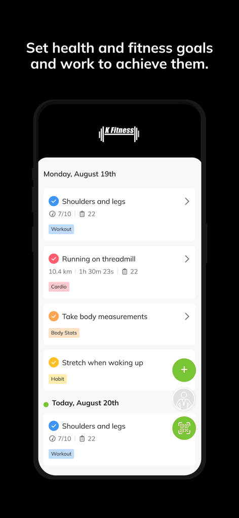 K Fitness - K Fitness app screen showing a daily workout and habit schedule for tracking fitness goals.