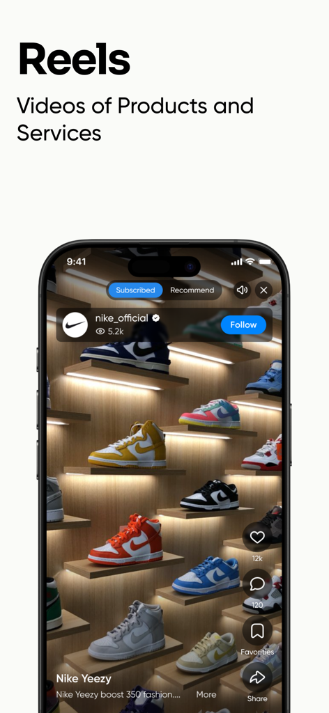 Flipgoo - Buy & Sell - A vertical video reel on the Flipgoo app showcasing Nike sneakers on display shelves with social media engagement icons.