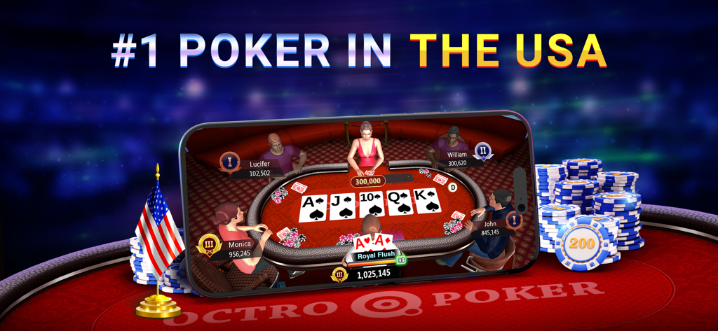 Octro Poker Texas Holdem Games - Octro Poker Texas Holdem gameplay on a mobile phone showing a Royal Flush and 3D avatars