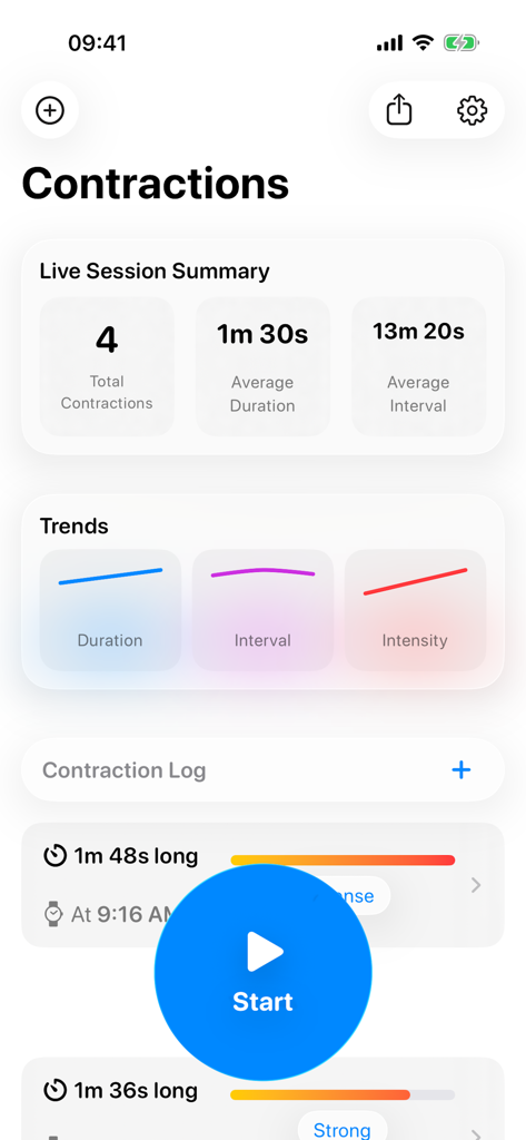 Interface of the Contraction Timer and Tracker app displaying a summary of labor contractions and trend graphs.