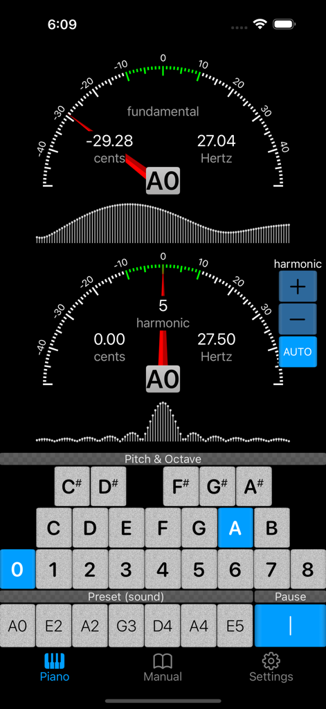 Piano Doctor - A Piano Tuner - Professional piano tuner app interface with fundamental and harmonic frequency gauges