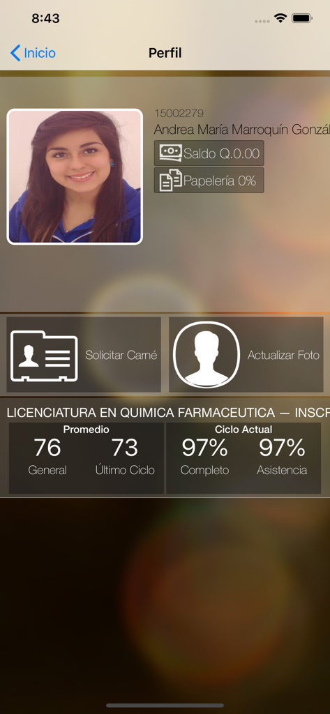 Estudiantes Galileo - Panel de perfil de usuario en la app Estudiantes Galileo que muestra información del estudiante y progreso académico.
