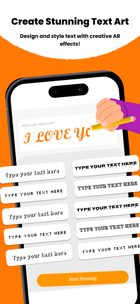 AR Drawing Paint Art - Interfaz de una aplicación móvil que muestra opciones de diseño de arte de texto creativo y estilos de fuente