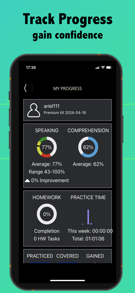 SpeakingPal Speak English - SpeakingPal app progress dashboard displaying English speaking and comprehension levels