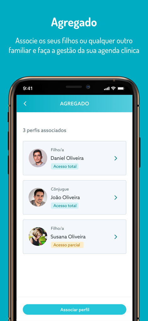 Um smartphone a exibir o ecrã Agregado na aplicação MY LUZ mostrando uma lista de perfis de membros da família associados para gestão de cuidados de saúde.
