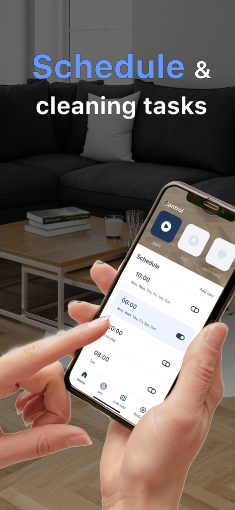 A person holding a smartphone showing the cleaning schedule screen in the Robot iVacuum app