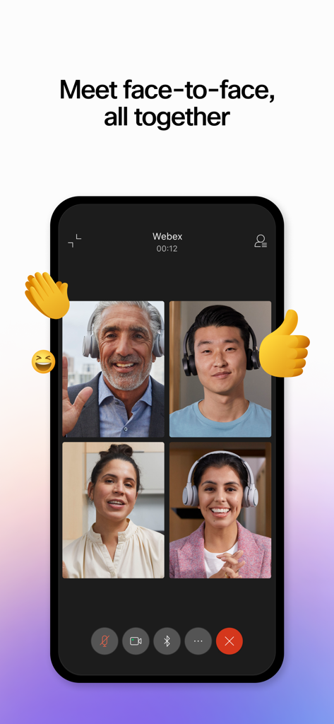 Webex for Intune - Una videoconferencia grupal en la aplicación Webex para Intune con cuatro participantes y reacciones