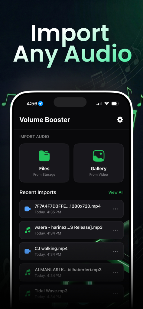 Volume Booster - Sound & Bass - A tela de importação de áudio do aplicativo Volume Booster mostrando opções de importação de arquivos e galeria