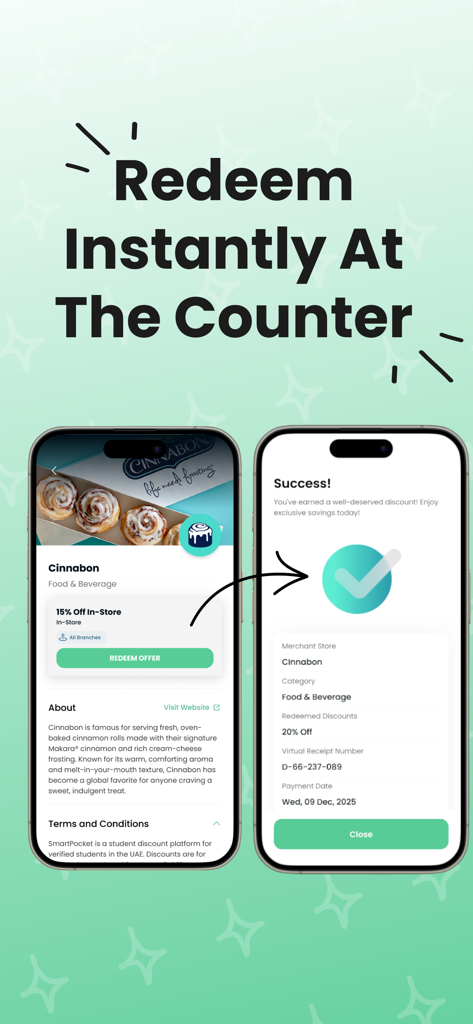 smartpocket.me - SmartPocket mobile app interface showing a Cinnabon offer page and a successful student discount redemption screen.