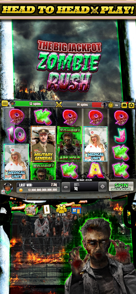 Mobile app screenshot of The Big Jackpot Zombie Rush slot game featuring head-to-head gameplay and zombie-themed symbols.