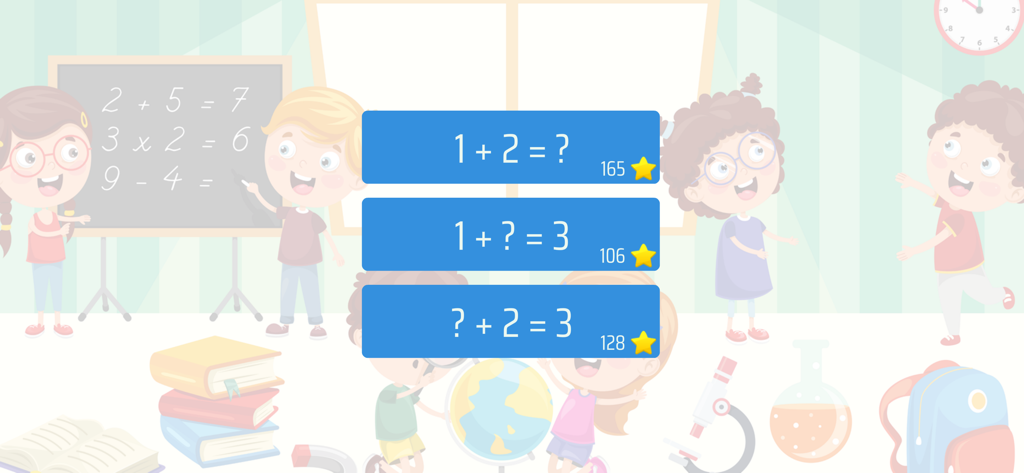 아이들을 위한 다양한 덧셈 문제를 보여주는 수학 연습 메뉴