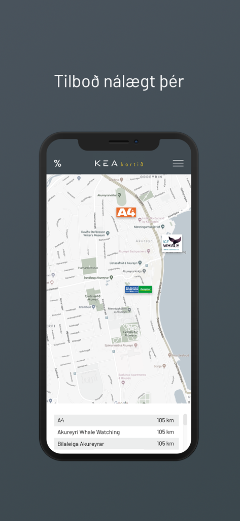 Map view of the KEA kortid app showing nearby discount locations in Akureyri