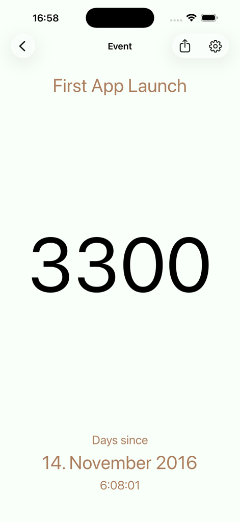 Nombri (Tally Counter) - Nombri app interface showing an event counter for 3300 days since the first app launch.