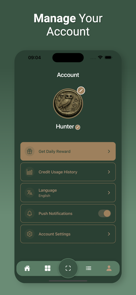 Treasure Hunter X - Account management screen in Treasure Hunter X app showing profile settings and daily rewards