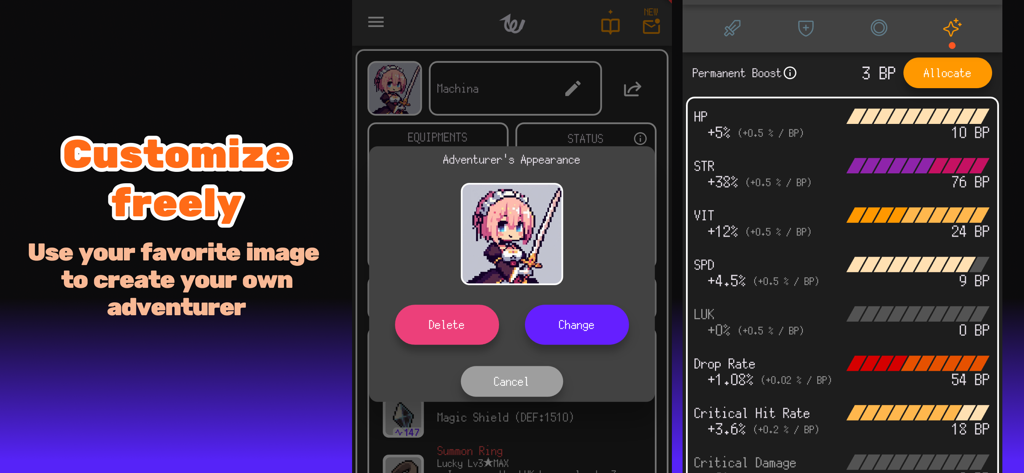 Whipper - Idle RPG - A mobile game screenshot of Whipper Idle RPG showing character appearance customization options and a list of permanent stat boosts like strength and critical hit rate.
