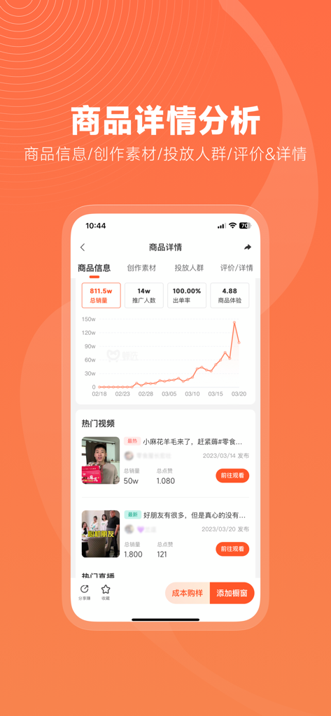 蝉选-直播带货选品精选货源平台 - Product analysis dashboard in Chanxuan app displaying sales data and influencer video performance.