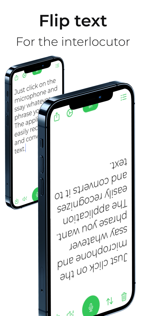Due iPhone che mostrano l'app Transcribe Live con il testo capovolto per una persona seduta di fronte all'utente