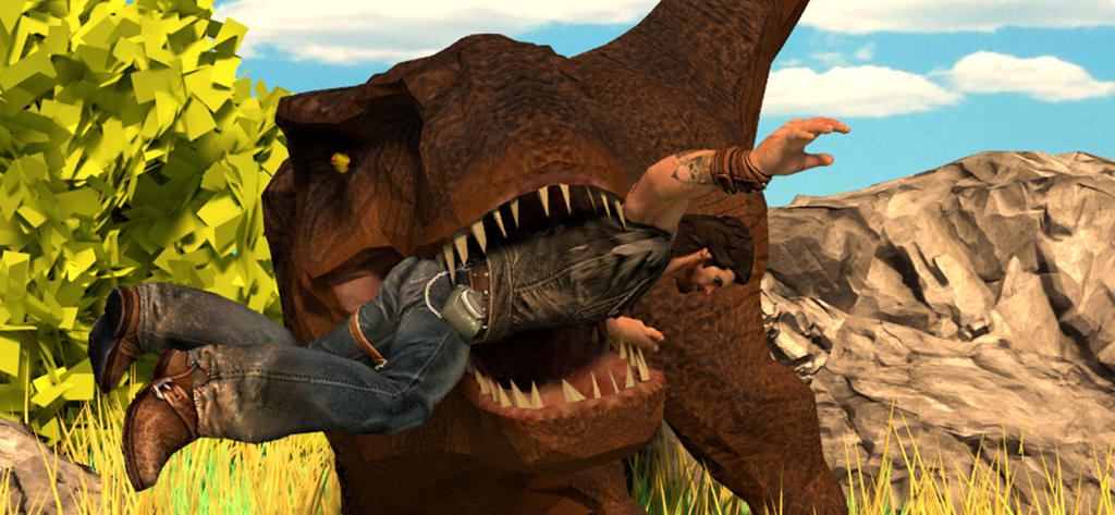 Dino Park Truck Simulator 2019 - Un T-Rex grande mordiendo a un hombre en un entorno de juego prehistórico