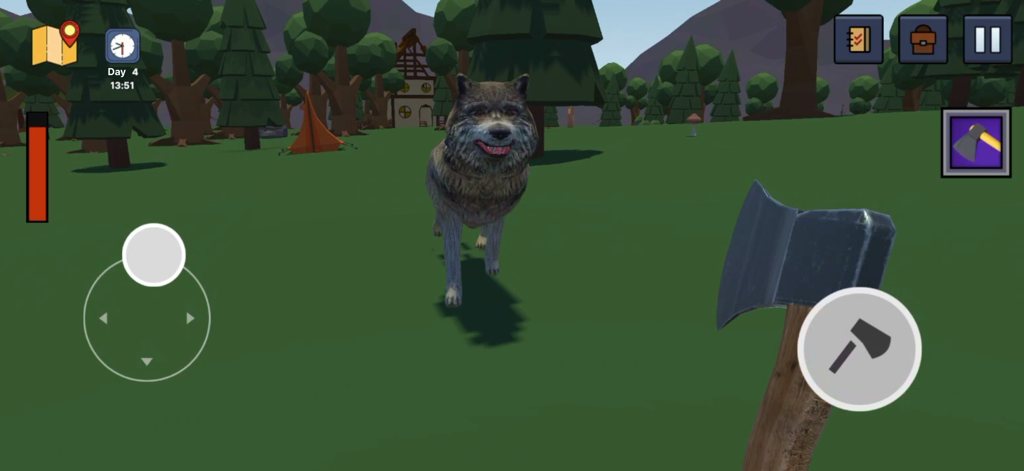 99 Nights In Forest: Survival - First person perspective of a player with an axe facing a wolf in a forest.